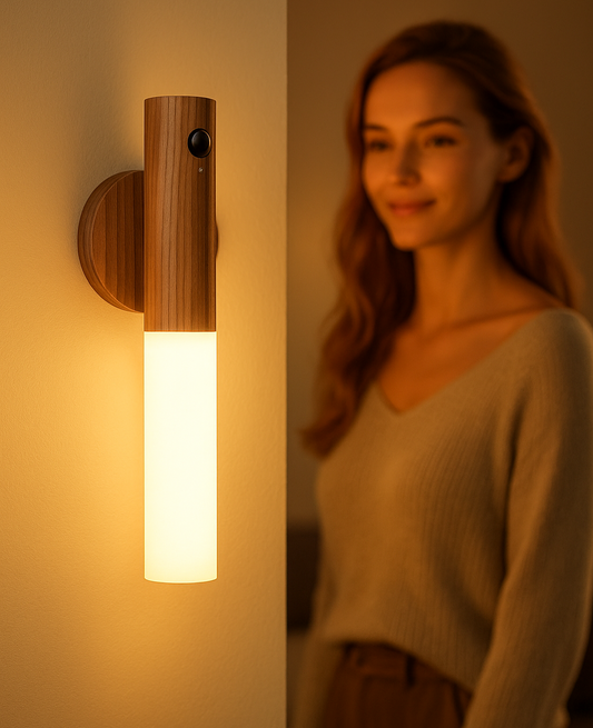 🛋️ Luz Noturna com Sensor – Madeira Minimalista e Conforto no Escuro
