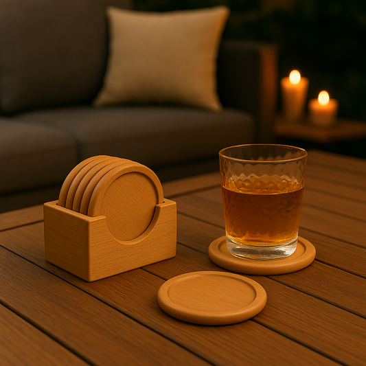 🪵 Conjunto com 6 Porta-Copos de Madeira de Nogueira – Design Minimalista com Suporte
