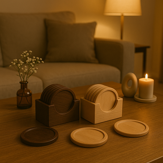 🪵 Conjunto com 6 Porta-Copos de Madeira de Nogueira – Design Minimalista com Suporte