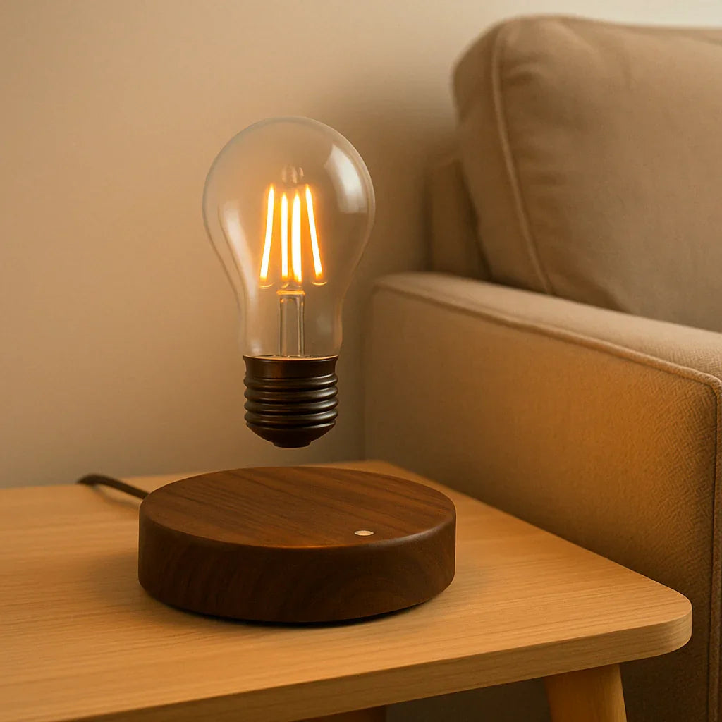 Luminária Flutuante com Base de Madeira – Levitação Magnética e Estilo Futurista