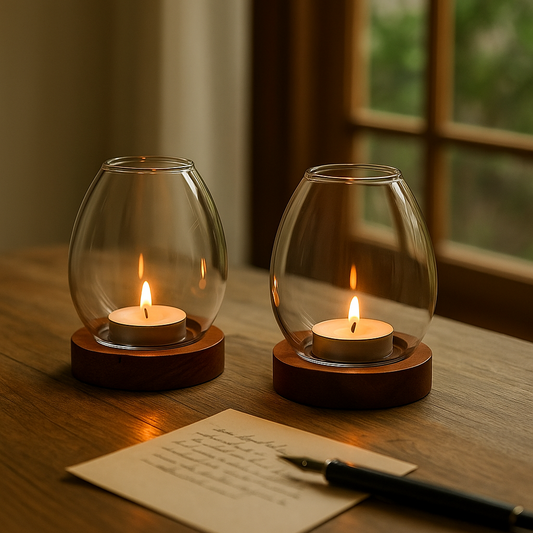🕯️ Castiçal de Vidro com Base de Madeira – Design Minimalista para Velas Tealight
