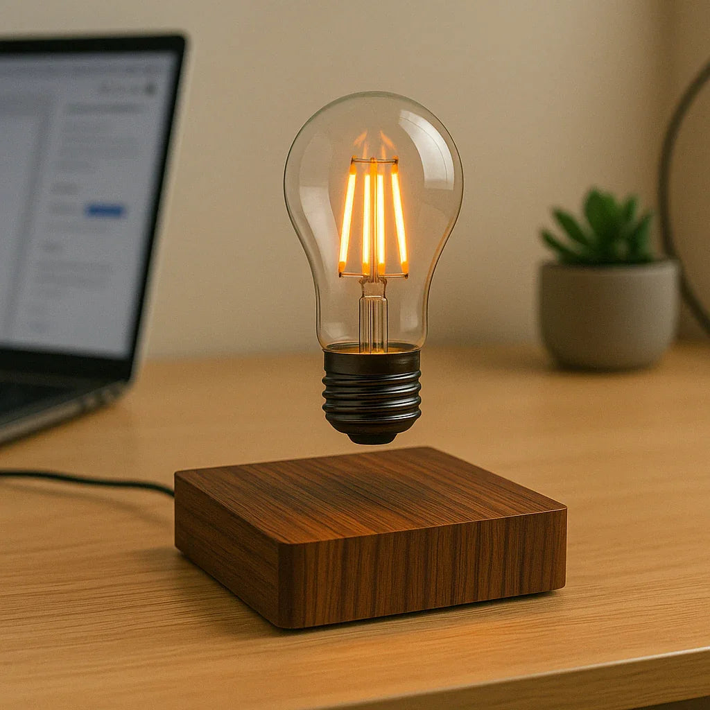Luminária Flutuante com Base de Madeira – Levitação Magnética e Estilo Futurista